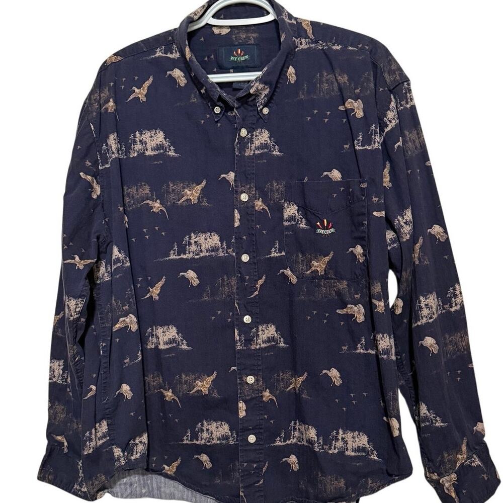 Ivy Crew Men's Blue Cream Long Sleeve Button Down Shirt with Ducks Size XL
